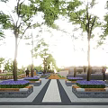 Tranquil Garden Landscape With Lush Trees Sunlight Paved Path And Purple Flower Beds