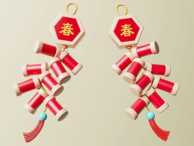 Decorative Red Hexagonal Spring Ornaments With Firecrackers Tassels And Blue Beads 3d model