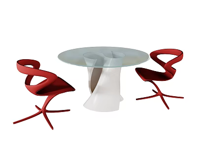 Modern Dining Table Set with Round Glass Top Unique White Base and Red Curved Chairs 3d model
