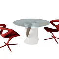 Modern Dining Table Set with Round Glass Top Unique White Base and Red Curved Chairs