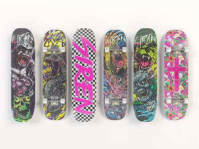 Six Colorful Skateboard Decks With Unique Graphic Designs And Artwork 3d model