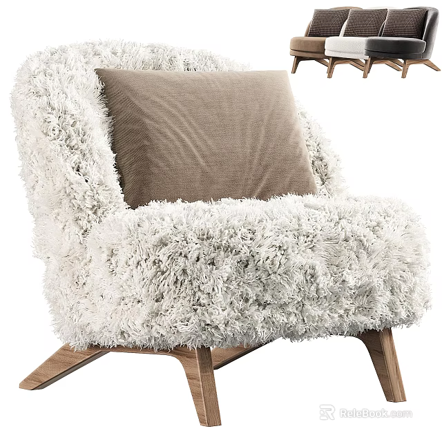 Cozy Fluffy White Fur Accent Chair With Brown Cushion And Wooden Legs 3d model 