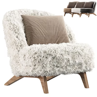 Cozy Fluffy White Fur Accent Chair With Brown Cushion And Wooden Legs 3d model
