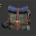 Green Backpack With Brown Straps Blue Top Orange Buckle Decorative Patterns And Tools Axe Shovel