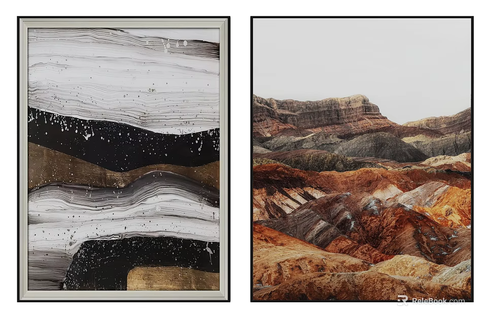Two Abstract Wave And Colorful Mountain Landscape Paintings For Wall Decor 3d model