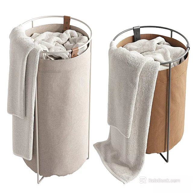 Two Different Colored Fabric Laundry Baskets With Towels And Metal Frames 3d model 
