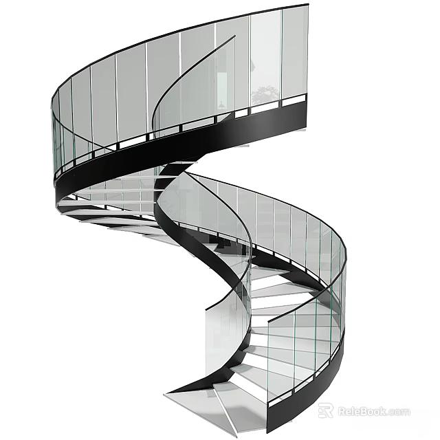 Modern Spiral Staircase Interior Design With Glass Railings And Black Frame 3d model 