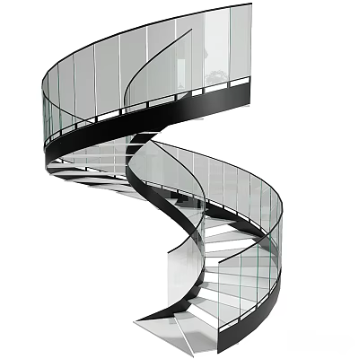 Modern Spiral Staircase Interior Design With Glass Railings And Black Frame 3d model