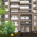 Multi story Residential Building Entrance With Glass Windows Decorative Canopy And Green Plants