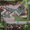 Roof Garden Featuring Trees Benches Round Tables Red Structures and Gray Paving for Leisure Activities