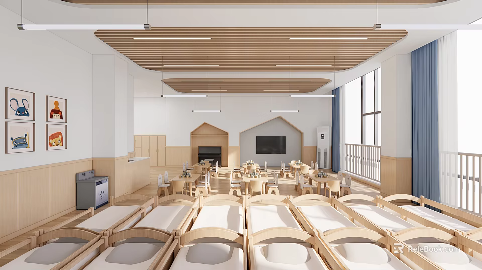 Kindergarten Naptime Classroom Interior With Wooden Beds Small Tables Chairs And Natural Light 3d model 