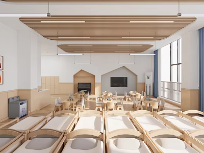 Kindergarten Naptime Classroom Interior With Wooden Beds Small Tables Chairs And Natural Light 3d model