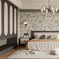 Modern Bedroom With Green Floral Wallpaper Upholstered Bed And Wooden Herringbone Floor