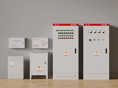 Industrial Electrical Control Cabinets And Distribution Boxes With Buttons Indicators And Warning Signs 3d model