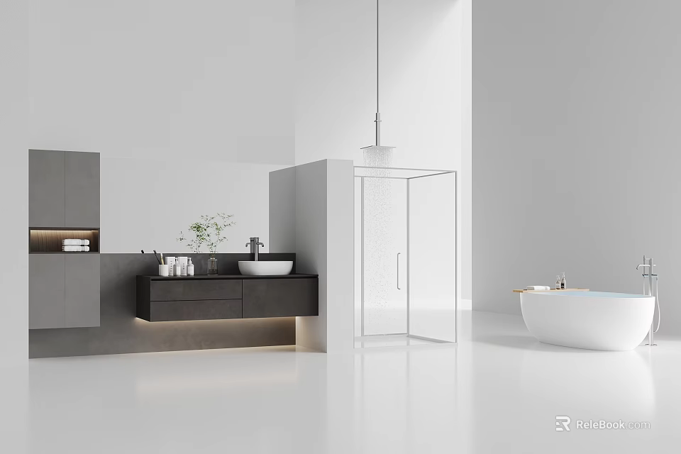 Modern Bathroom Interior Design With White Bathtub Glass Shower Vanity Mirror And Green Plants 3d model 