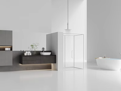 Modern Bathroom Interior Design With White Bathtub Glass Shower Vanity Mirror And Green Plants 3d model