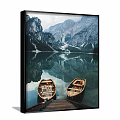 Scenic Mountain Lake Landscape Painting with Wooden Boats and Clear Water Reflection