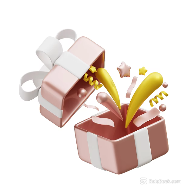 Open Pink Gift Box With Decorative Ornament Set Yellow Ribbons Stars And Streamers 3d model 