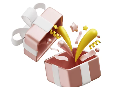 Open Pink Gift Box With Decorative Ornament Set Yellow Ribbons Stars And Streamers 3d model