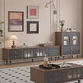 Wooden TV Stand With Glass Doors Black Drawers Table Lamp And Wall Art