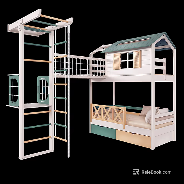 Kids Wooden Bunk Bed With Cabin Design Ladder Guardrail And Storage Drawers 3d model 