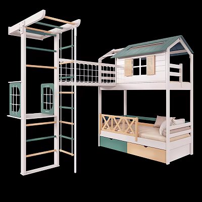 Kids Wooden Bunk Bed With Cabin Design Ladder Guardrail And Storage Drawers 3d model