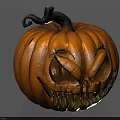 Detailed Carved Yellow Halloween Pumpkin Lantern With Sharp Teeth And Twisted Stem