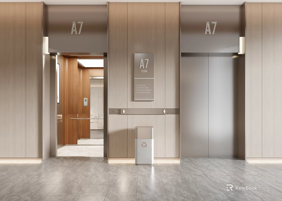Modern Elevator Hallway With Wooden Walls A7 Signage Elevator Doors And Gray Flooring 3d model 