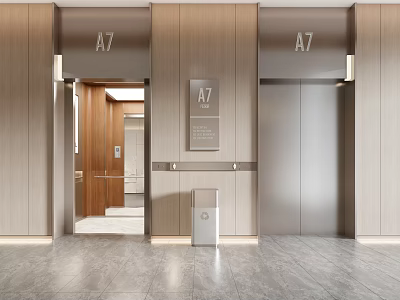 Modern Elevator Hallway With Wooden Walls A7 Signage Elevator Doors And Gray Flooring 3d model
