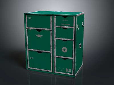 Green Storage Cabinet With Drawers Doors Numbered Labels And Star Patterns 3d model