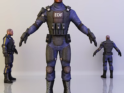 Game Movie Character In Blue EDF Tactical Uniform With Military Gear 3d model