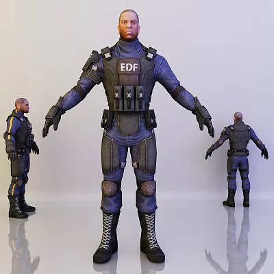 Game Movie Character In Blue EDF Tactical Uniform With Military Gear 3d model
