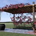 Wooden Pergola With Red Climbing Flowers Black Pottery Jar And Stone Slab Floor