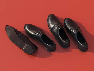 Black Leather Shoes Two Pairs with One Pair Showing Sole on Red Background 3d model