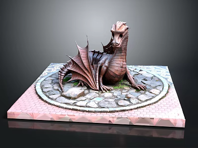 Elegant Sitting Bronze Dragon Sculpture On Pink Square Base With Circular Stone Plate 3d model