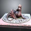 Elegant Sitting Bronze Dragon Sculpture On Pink Square Base With Circular Stone Plate