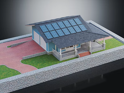 Blue House Model With Solar Panels On Roof Garage Porch White Railing And Stone Wall 3d model