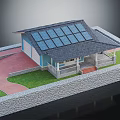Blue House Model With Solar Panels On Roof Garage Porch White Railing And Stone Wall
