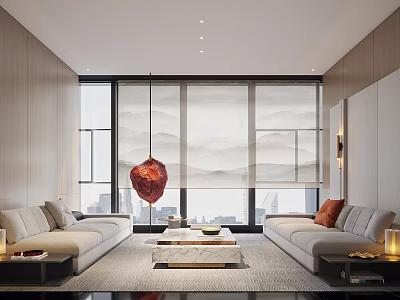 Modern Living Room Interior With Light Colored Sofas Coffee Table And Red Pendant Light 3d model
