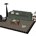 Stylish Green Leather Sofa with Pillows and Round Coffee Table Combination on Black White Rug