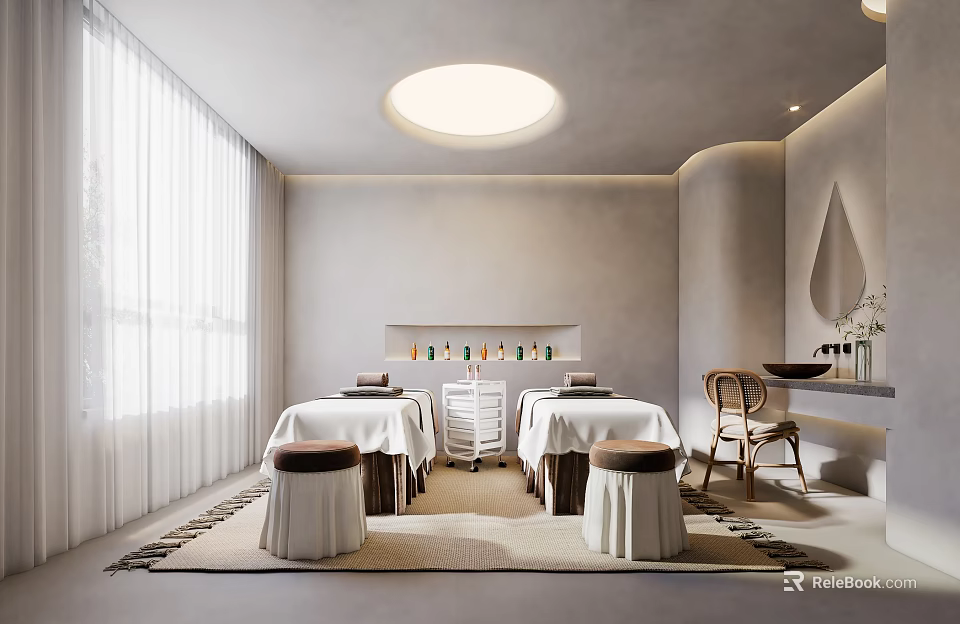 Modern SPA Interior With Massage Tables Stools And Natural Light 3d model 