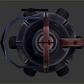 Futuristic Mechanical Weapon with Neon Blue Pink Lights Black Body Red Handle and Base Structure