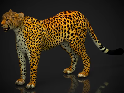 Yellow And Black Spotted Reptile Standing On Shiny Reflective Surface With Long Tail 3d model