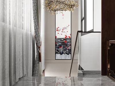 Modern Chinese Style Hallway Interior With Plum Blossom Painting Chandelier Curtains And Marble Floor 3d model