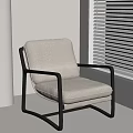 Beige Fabric Accent Chair With Black Metal Frame In White Room With Window Blinds