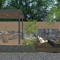 Modern Courtyard Garden Design With Pergola Dining Area Fire Pit And Water Feature Wall