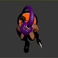 3D Character With Purple Ponytail In Orange Black Bodysuit Sitting On Bar Stool Holding Glass
