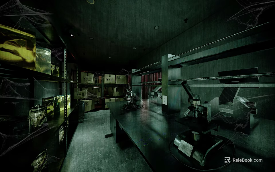 Dimly Lit Laboratory Interior Featuring Microscope Lab Table Containers And Shelves 3d model 