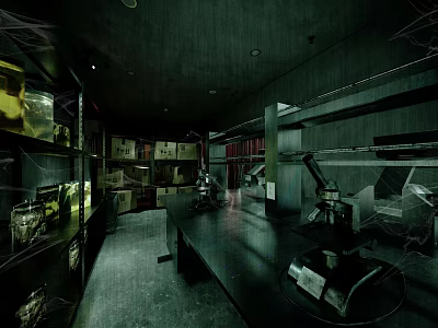 Dimly Lit Laboratory Interior Featuring Microscope Lab Table Containers And Shelves 3d model