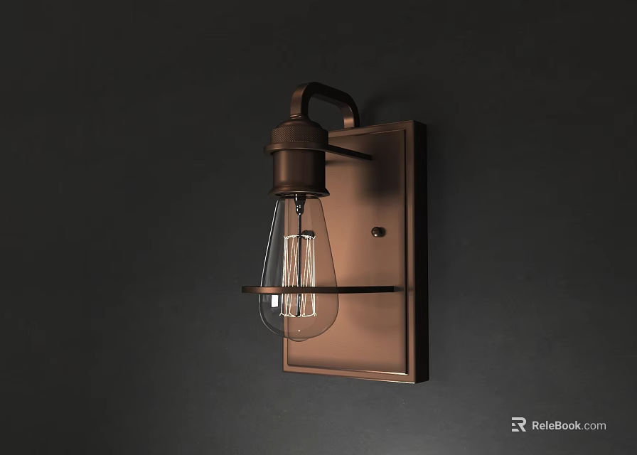 Industrial Style Wall Sconce with Metal Frame and Clear Glass Bulb Mounted on Dark Wall 3d model 